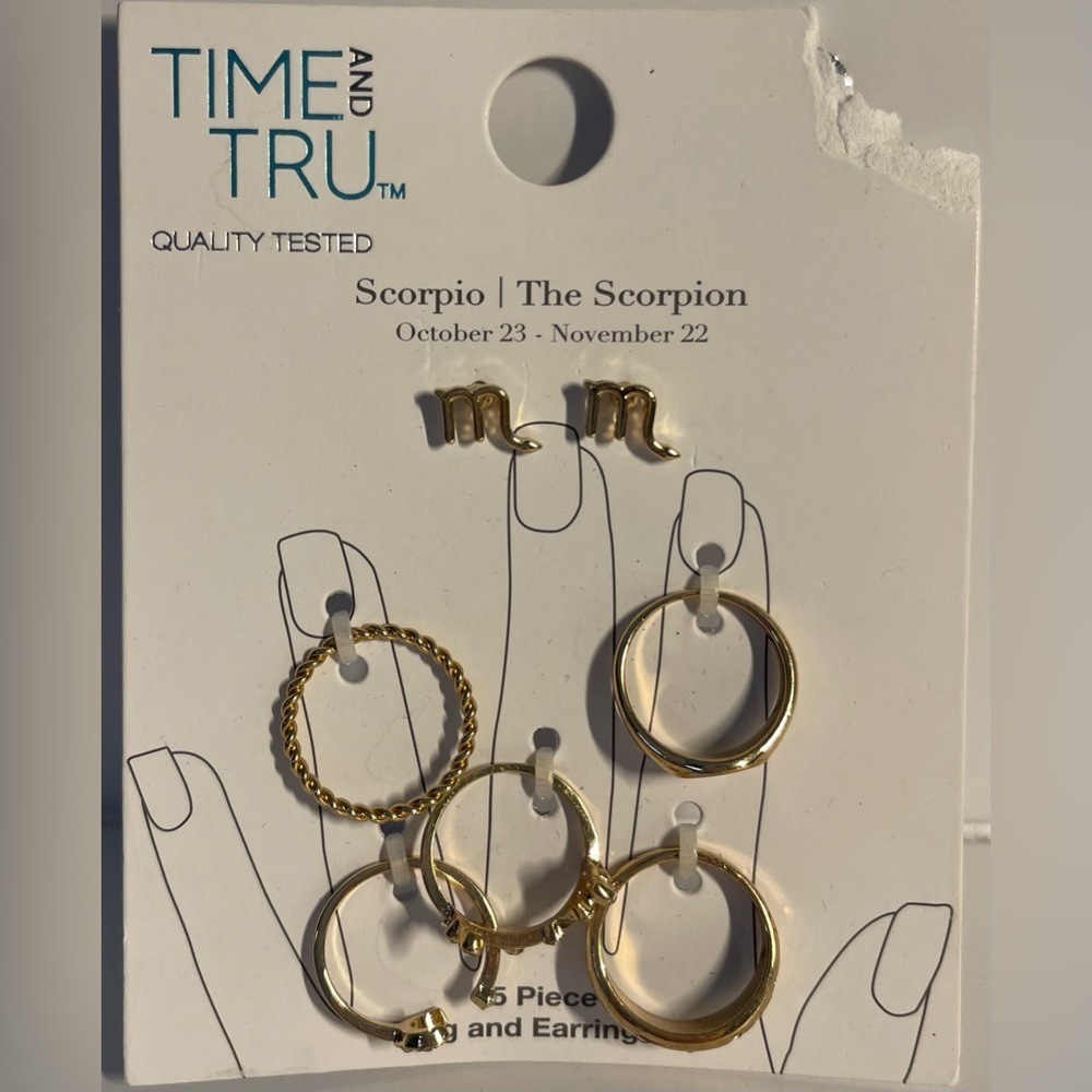 NWT Time and Tru Gold Scorpio Earrings and Rings Set
